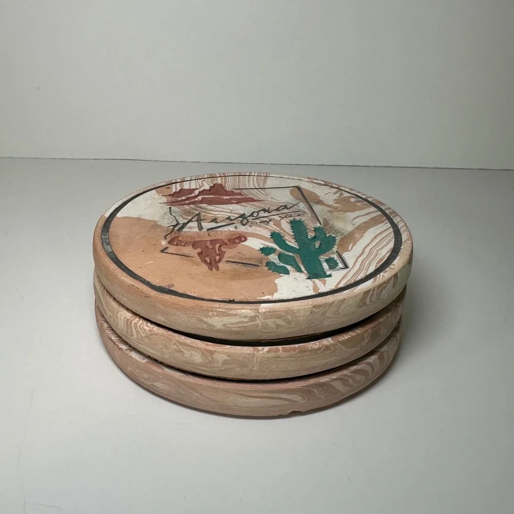 Vintage‎ Arizona Souvenir Stone Coasters Set of 3 Cactus Steer Skull Cork Back